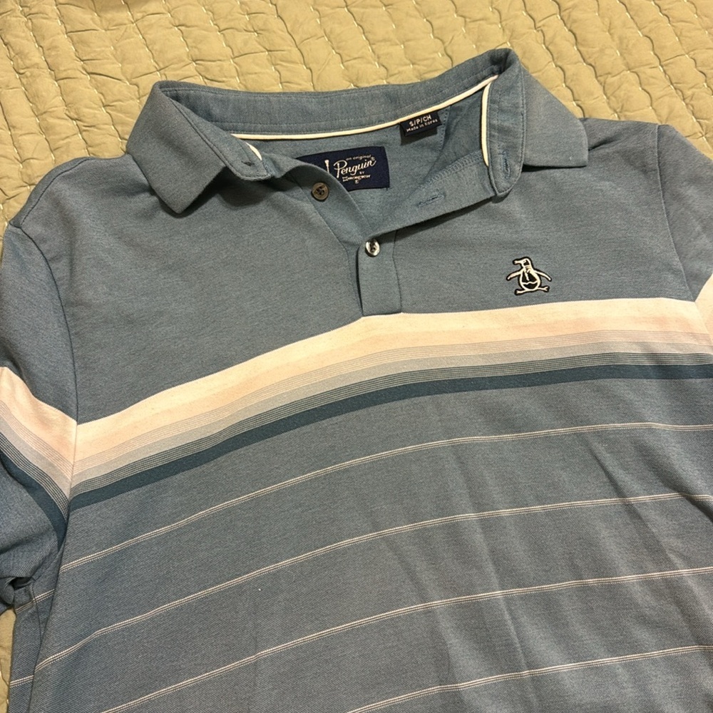 Men’s Original Penguin Striped Golf Polo | Small | Blue & Pink